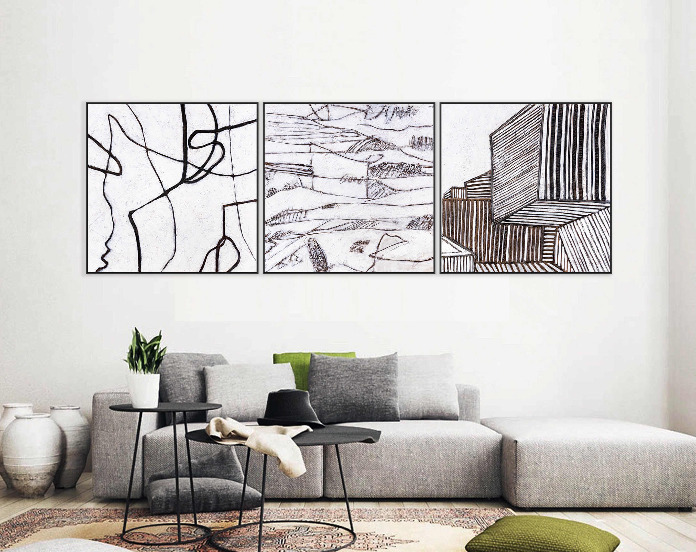 3 Set of Simple and Bold Lines and Texture Large Original Abstract Minimalism Painting, Black and White Modern Canvas Wall Art ｜ Es (3 Set)