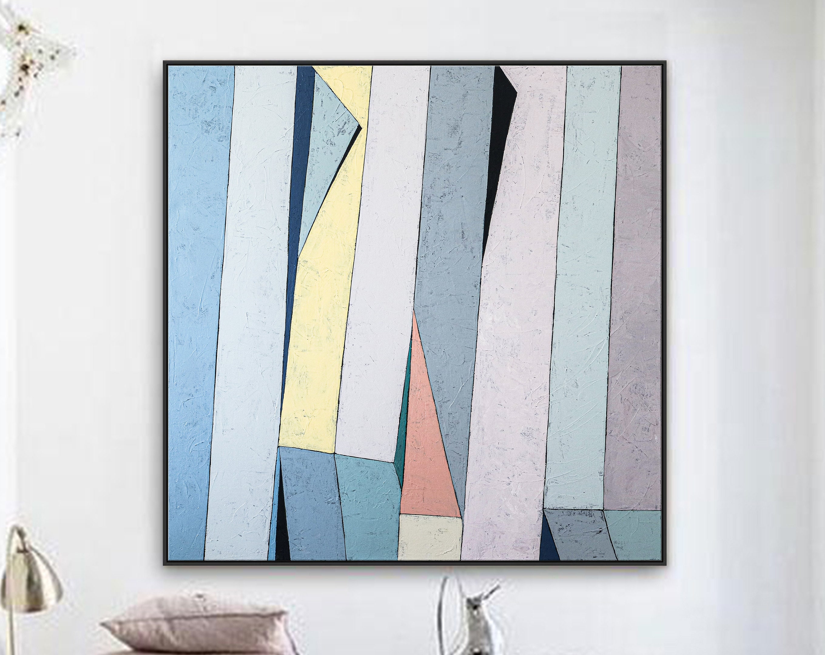 Contemporary Minimalist Abstract Original Acrylic Painting, Large Geometric Modern Canvas Wall Art ｜ Summer deck