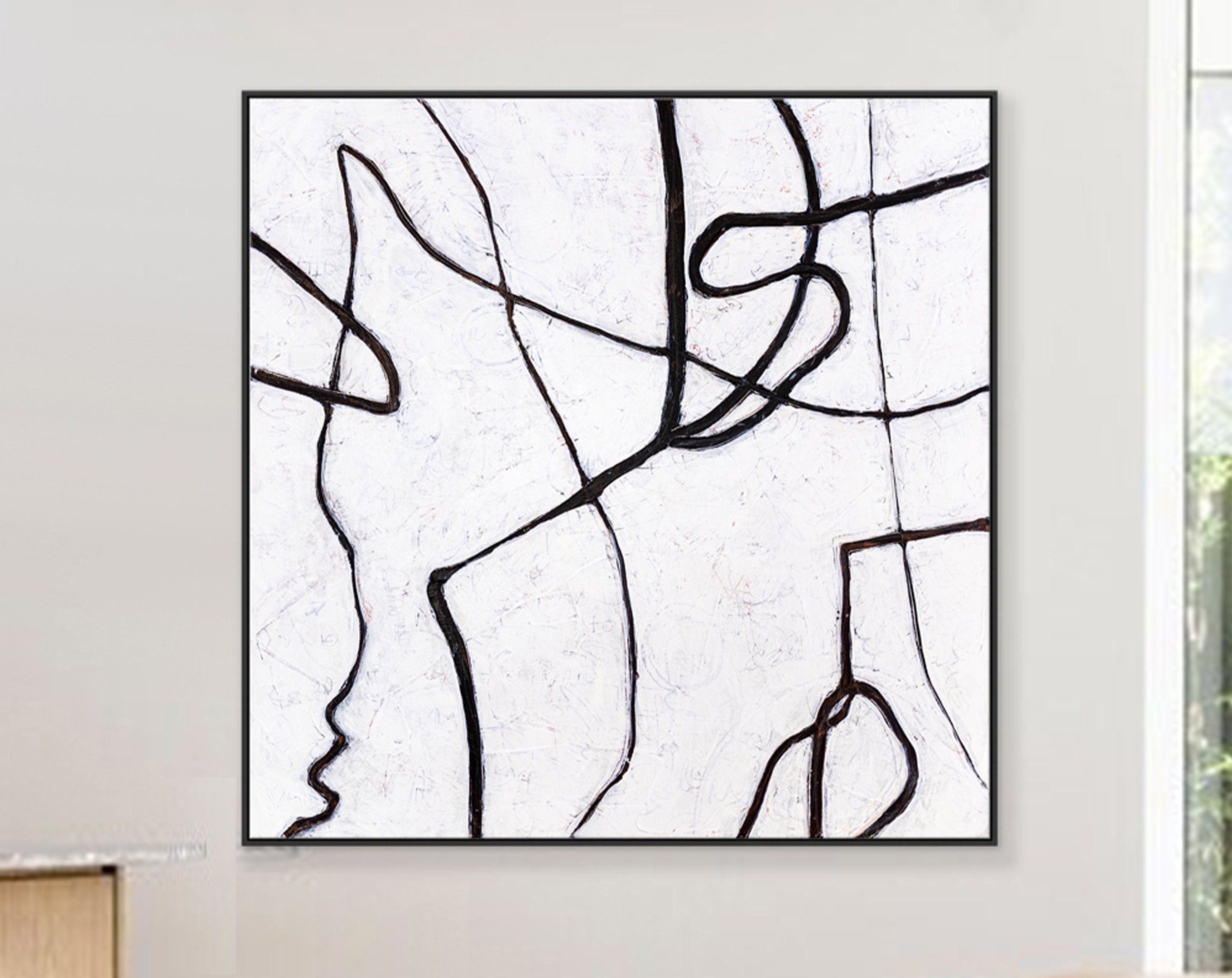 Simple and Bold Lines and Texture Large Original Abstract Minimalism Painting, Black and White Modern Canvas Wall Art ｜ Es I