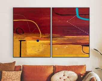 2 Set of Geometric Large Modern Original Abstract Painting with Simple Elements, Red and Yellow Canvas Wall Art | Dypdrom (2 Set)