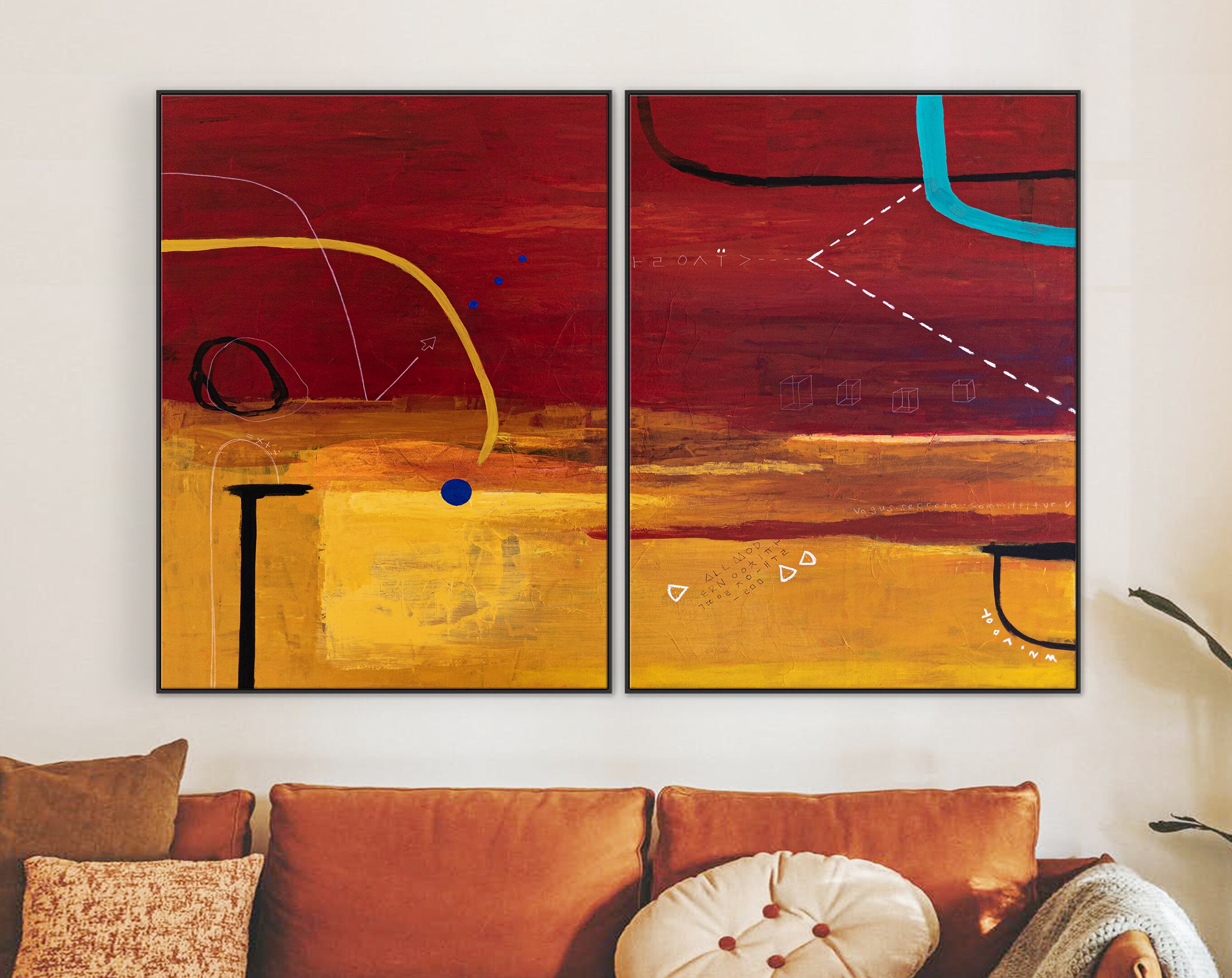 2 Set of Geometric Large Modern Original Abstract Painting with Simple Elements, Red and Yellow Canvas Wall Art ｜ Dypdrom (2 Set)