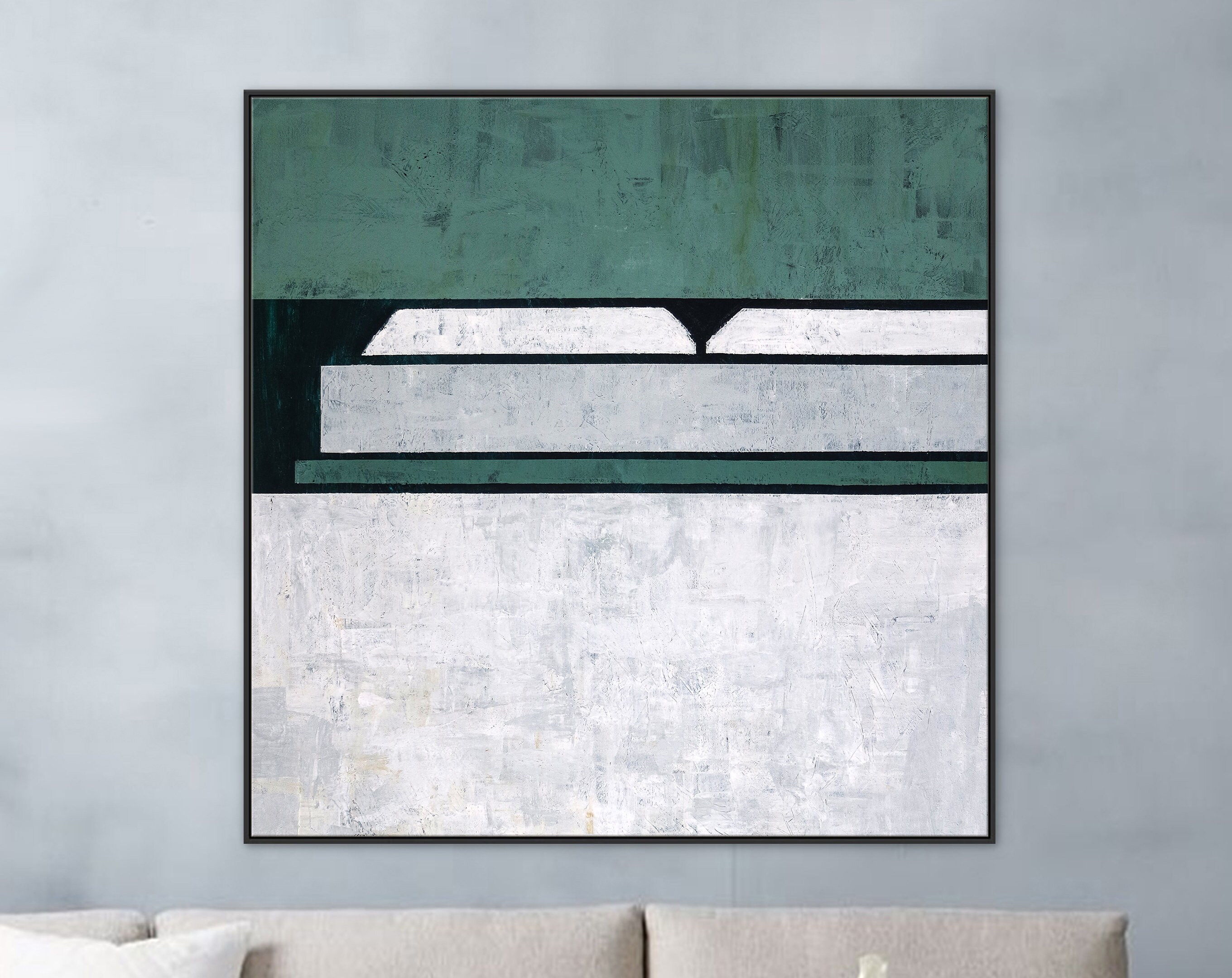 Geometric Minimalist Original Abstract Painting in Acrylic, Large Modern Canvas Wall Art in Green Color ｜ Room I