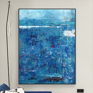 Blue Original Abstract Acrylic Painting in Rough Brush Strokes, Large Modern Canvas Wall Art | Red dot transported