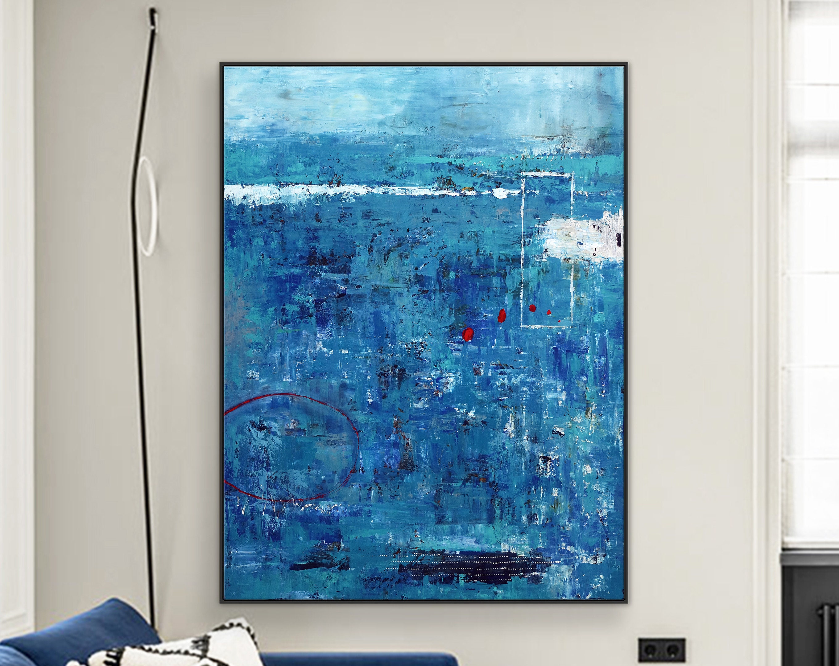 Blue Original Abstract Acrylic Painting in Rough Brush Strokes, Large Modern Canvas Wall Art ｜ Red dot transported