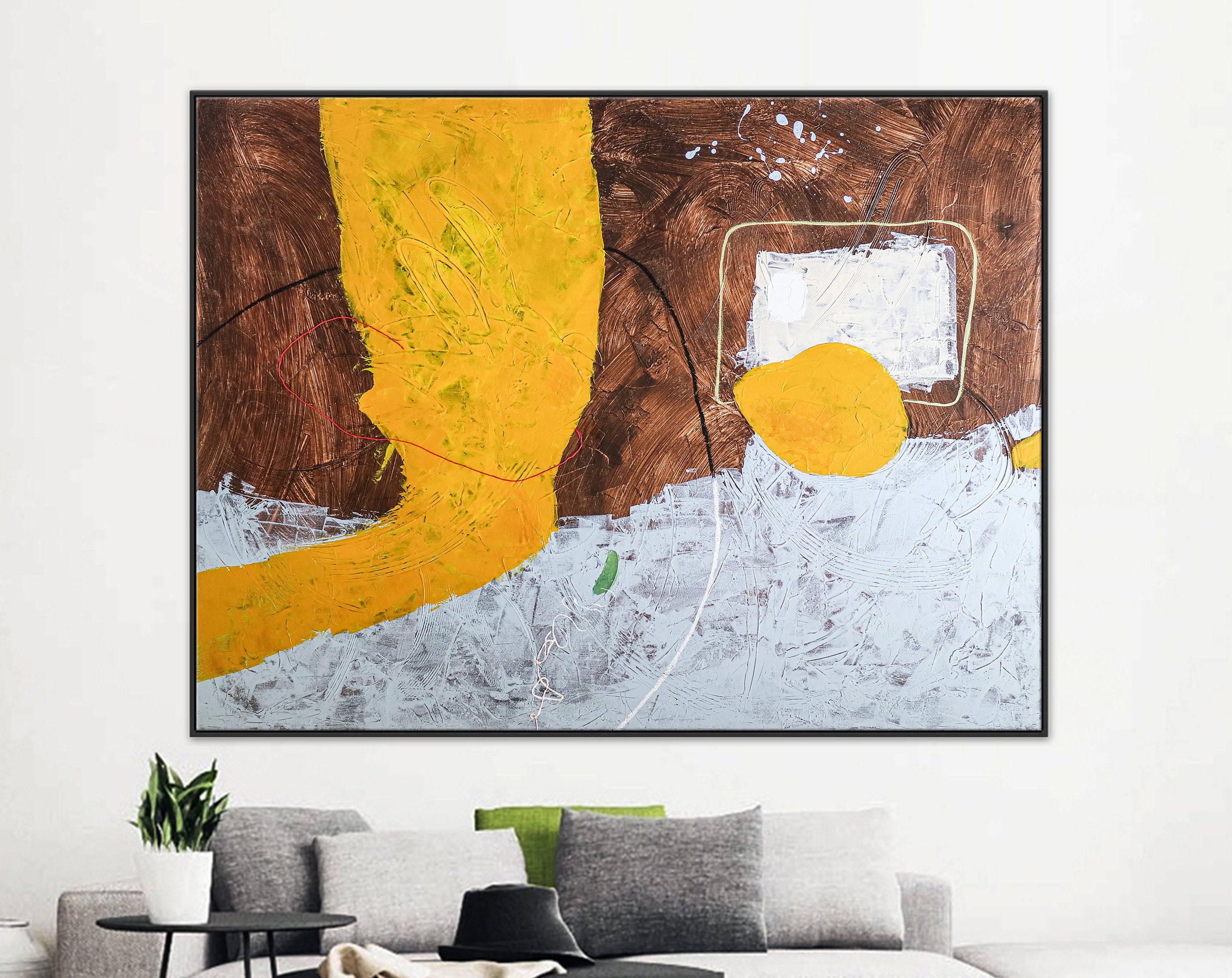 Brown and Yellow Abstract Original Acrylic Painting, Large Modern Canvas Wall Art in Minimalistic Composition ｜ Synthesis
