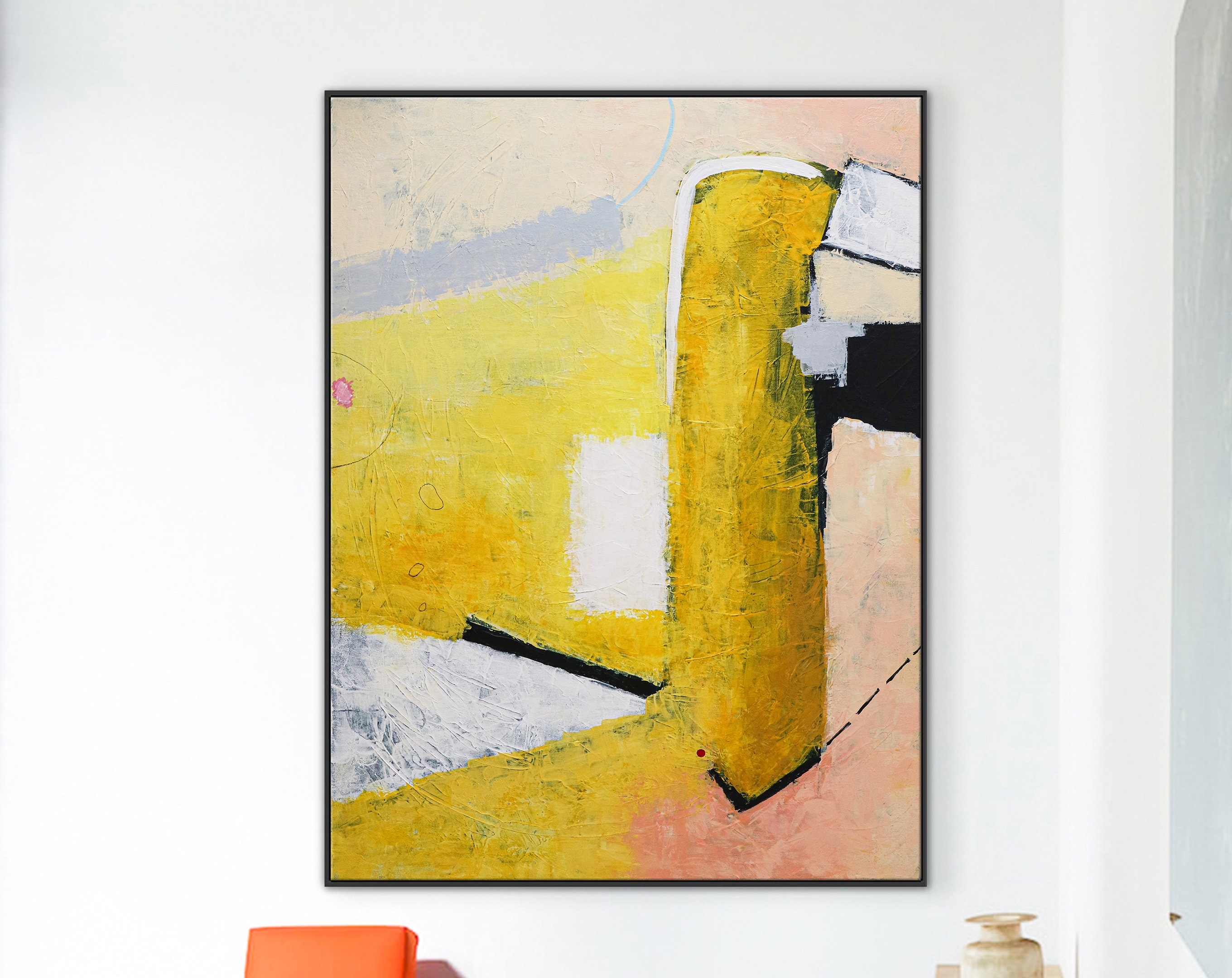 Vibrant Yellow Large Modern Abstract Original Painting, Canvas Wall Art Expressing Liveliness ｜ The dream of a red dot