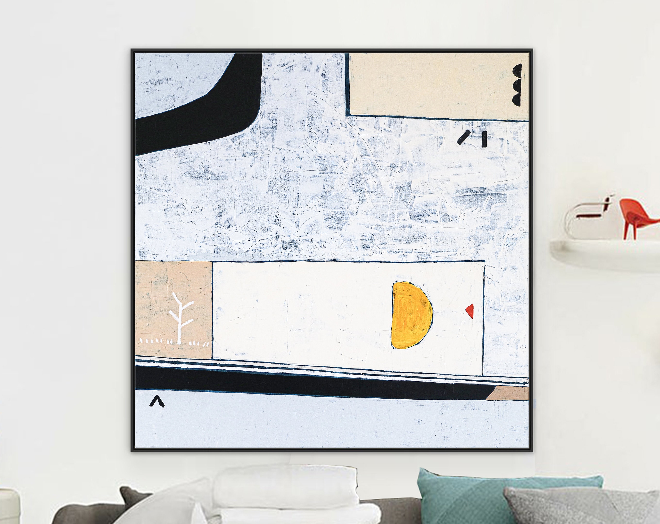Poetic Minimalism Large Abstract Original Acrylic Painting, Black and White Modern Canvas Wall Art ｜ White night