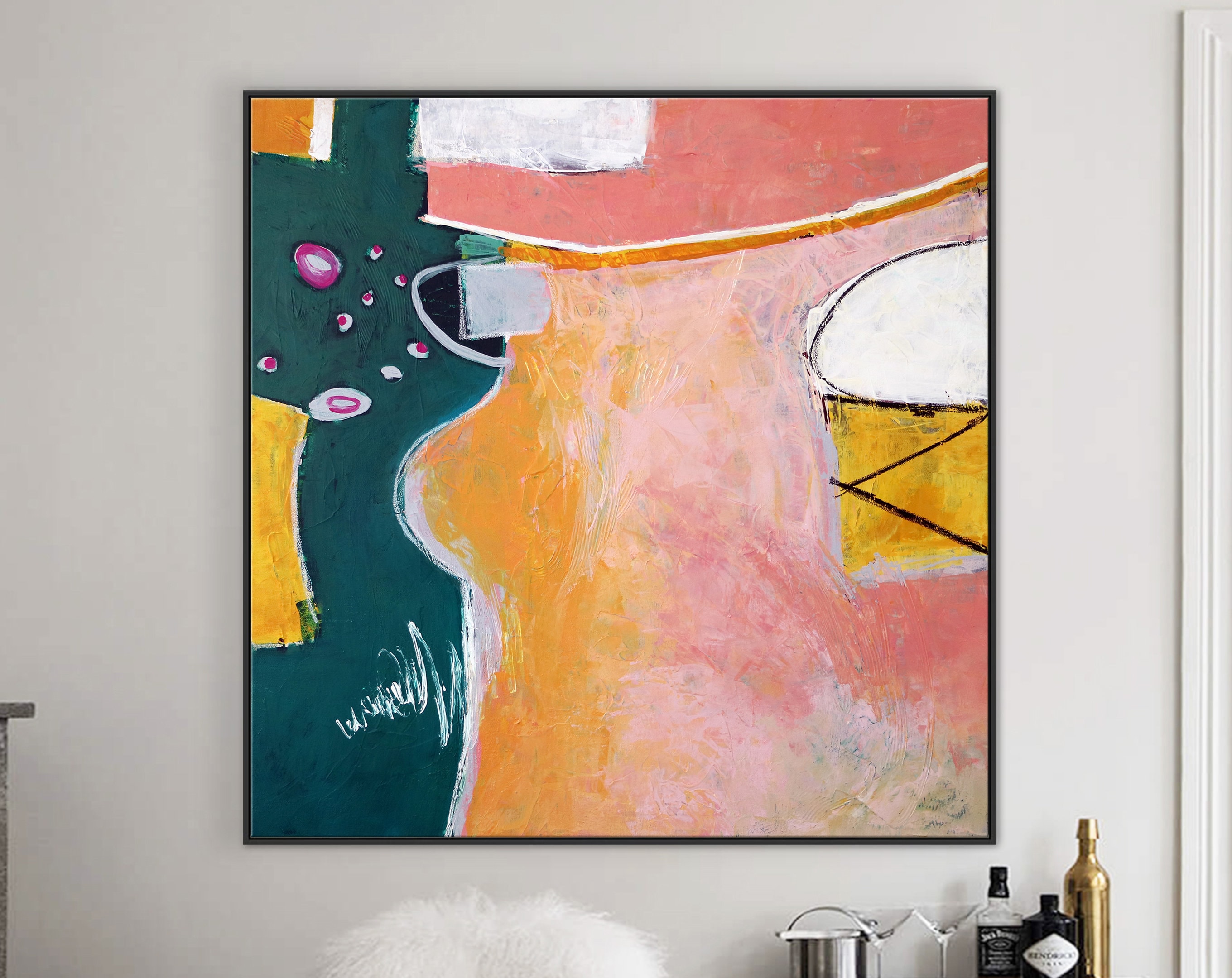 Original Abstract Acrylic Painting, Large Colorful Modern Canvas Wall Art Filled with Expressive Marks and Shapes ｜ Magician's table
