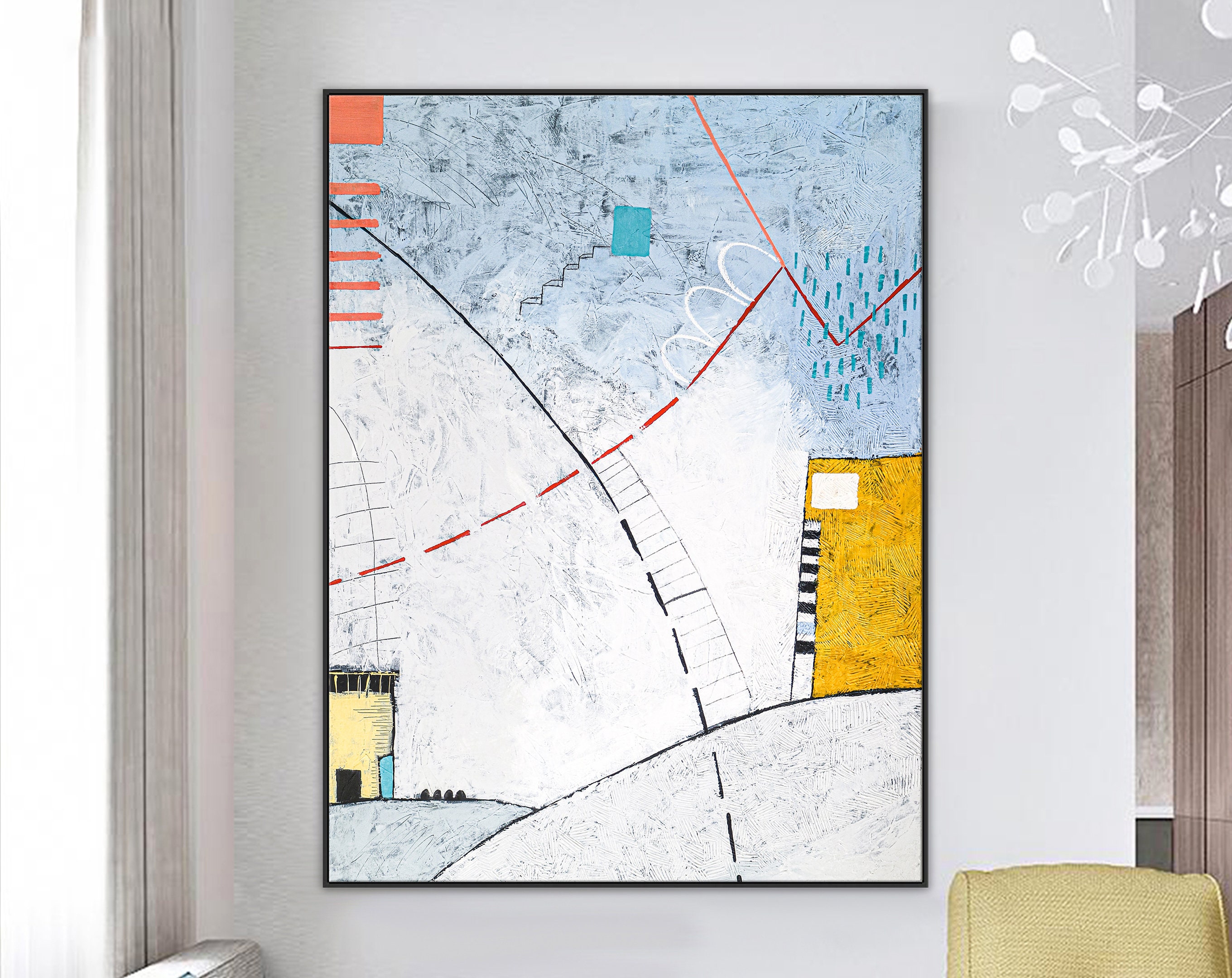Playful Large original Abstract Acrylic Painting, Contemporary Modern Canvas Wall Art of Two Buildings Amidst Cozy Comfort ｜ Domus