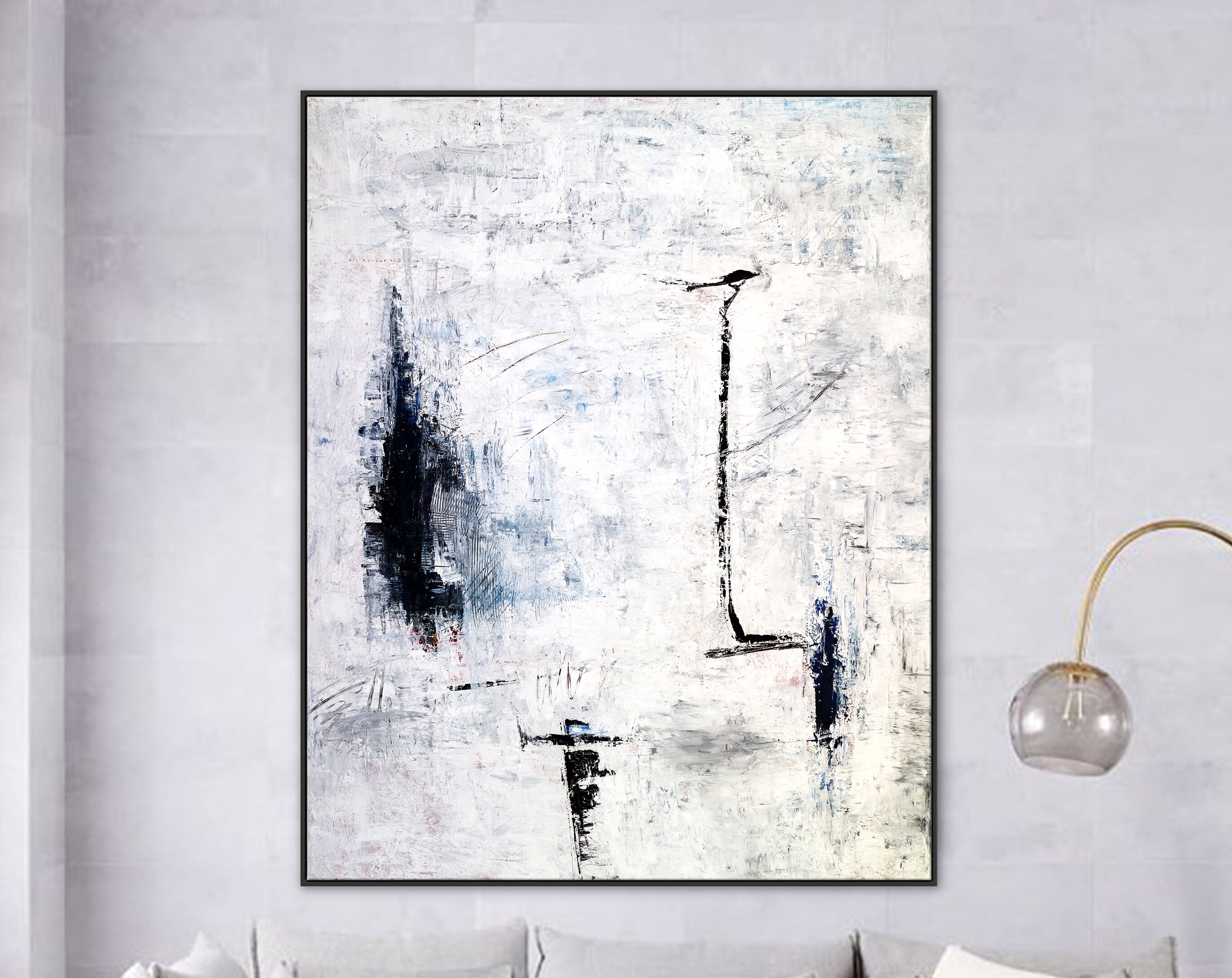 Minimalism Original Abstract Painting in Acrylic, Large Black & White Contemporary Modern Canvas Wall Art ｜ Trace
