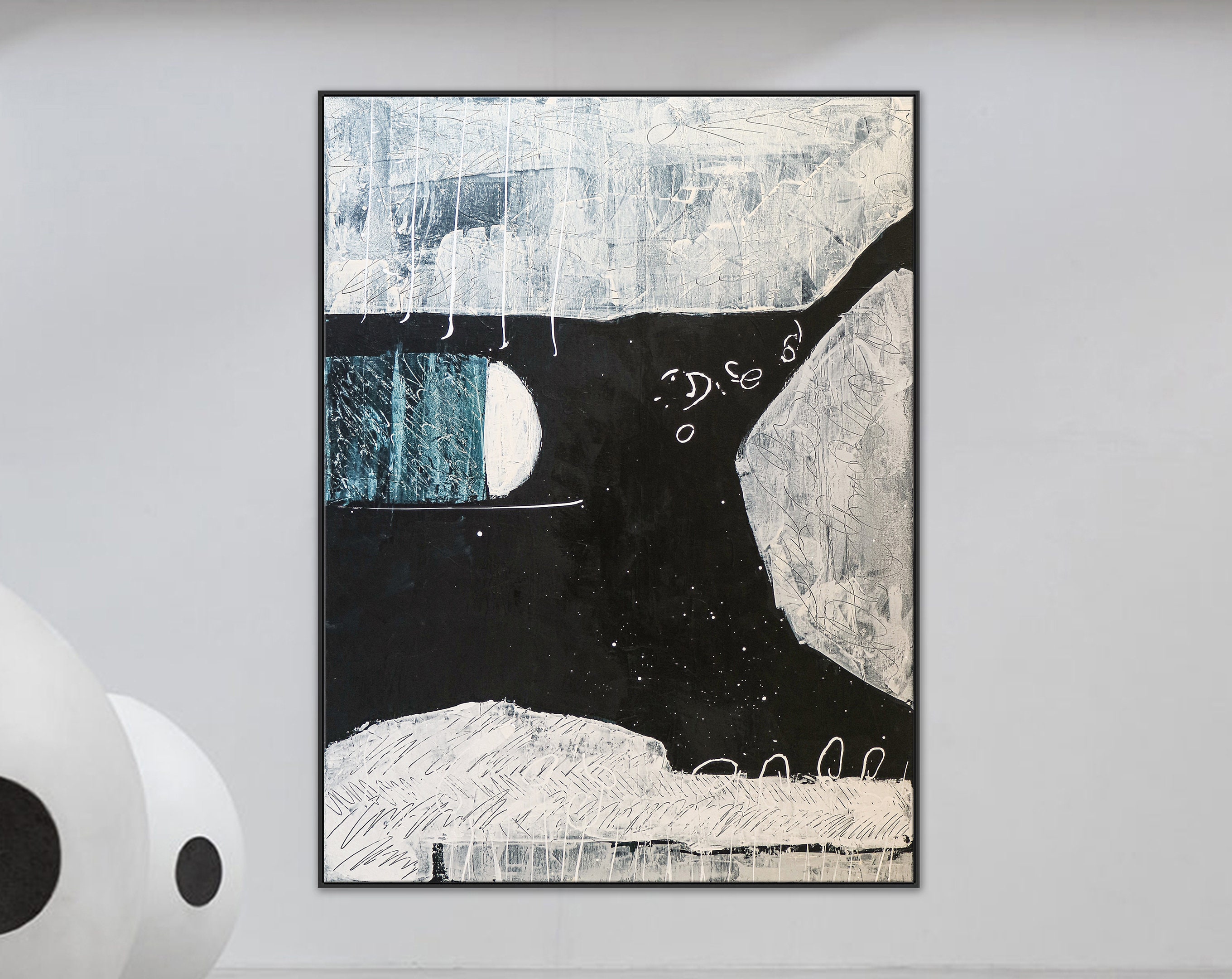 Black & White Minimalist Original Large Abstract Acrylic Painting in Summer Nights, Modern Canvas Wall Art ｜ A midsummer night's dream