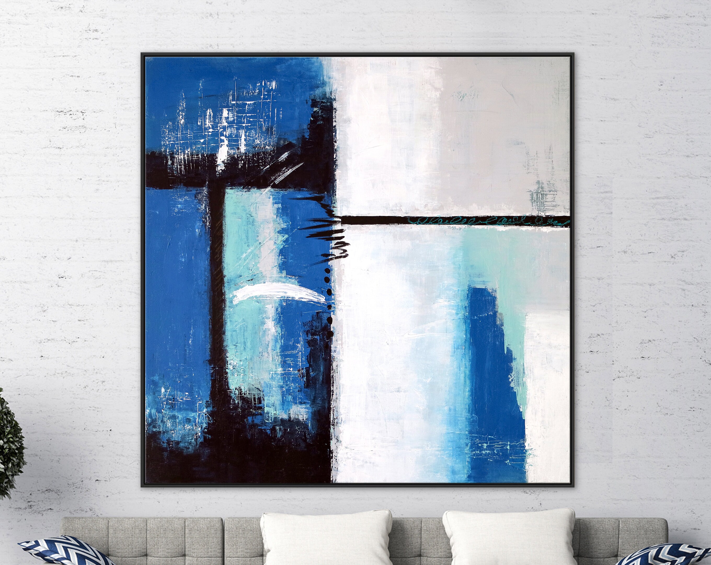 Blue Original Abstract Acrylic Painting, Large Geometric Modern Canvas Wall Art Exemplifying Softness and Strength ｜ Janus