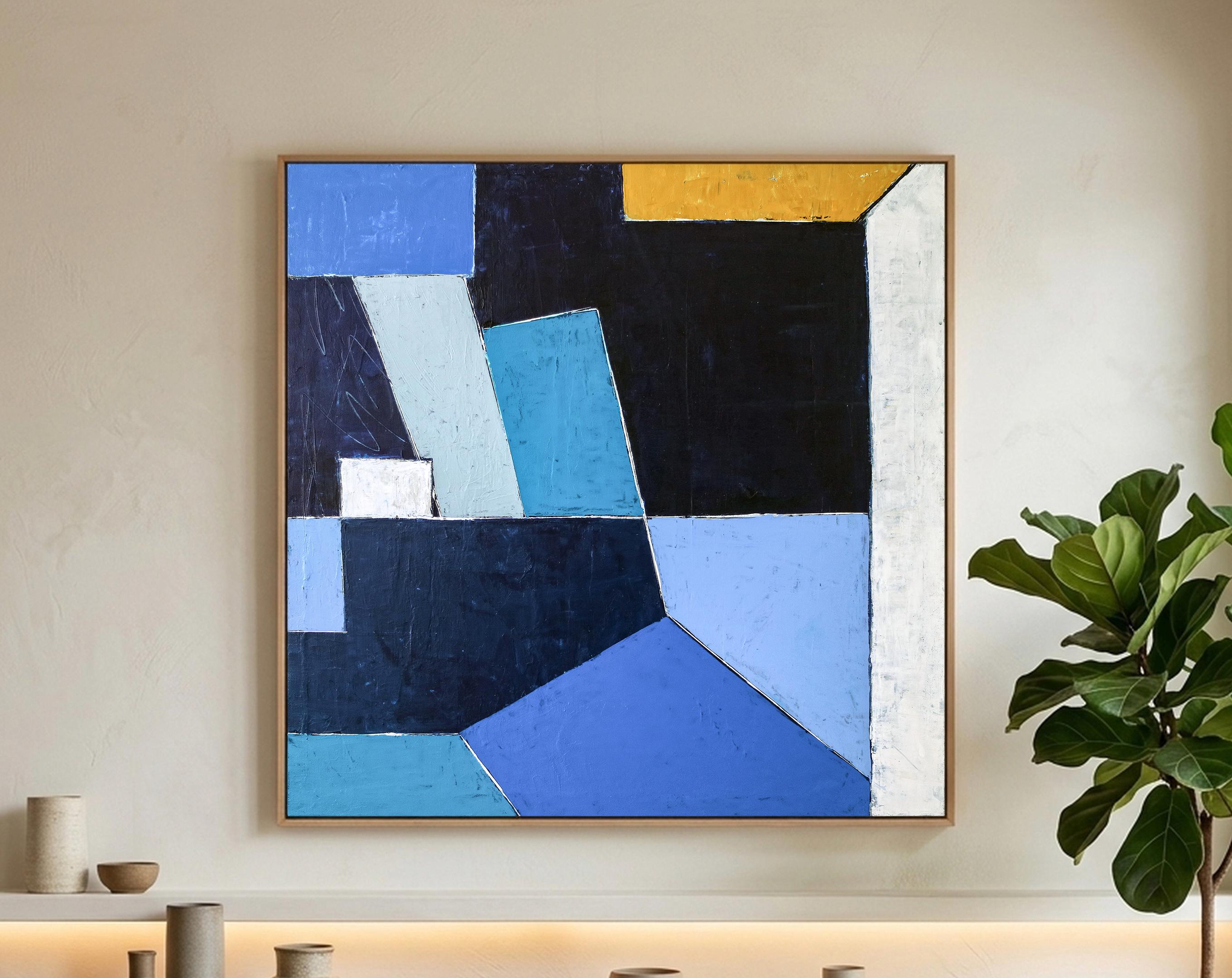 Bold Blue Geometric Abstract Wall Art — Modern Original Oil