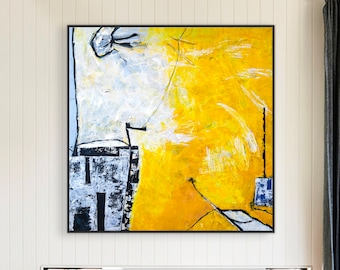 Yellow Original Dynamic Abstract Acrylic Painting, Modern Canvas Wall Art Infused with Sunlit Yellow | Les iles