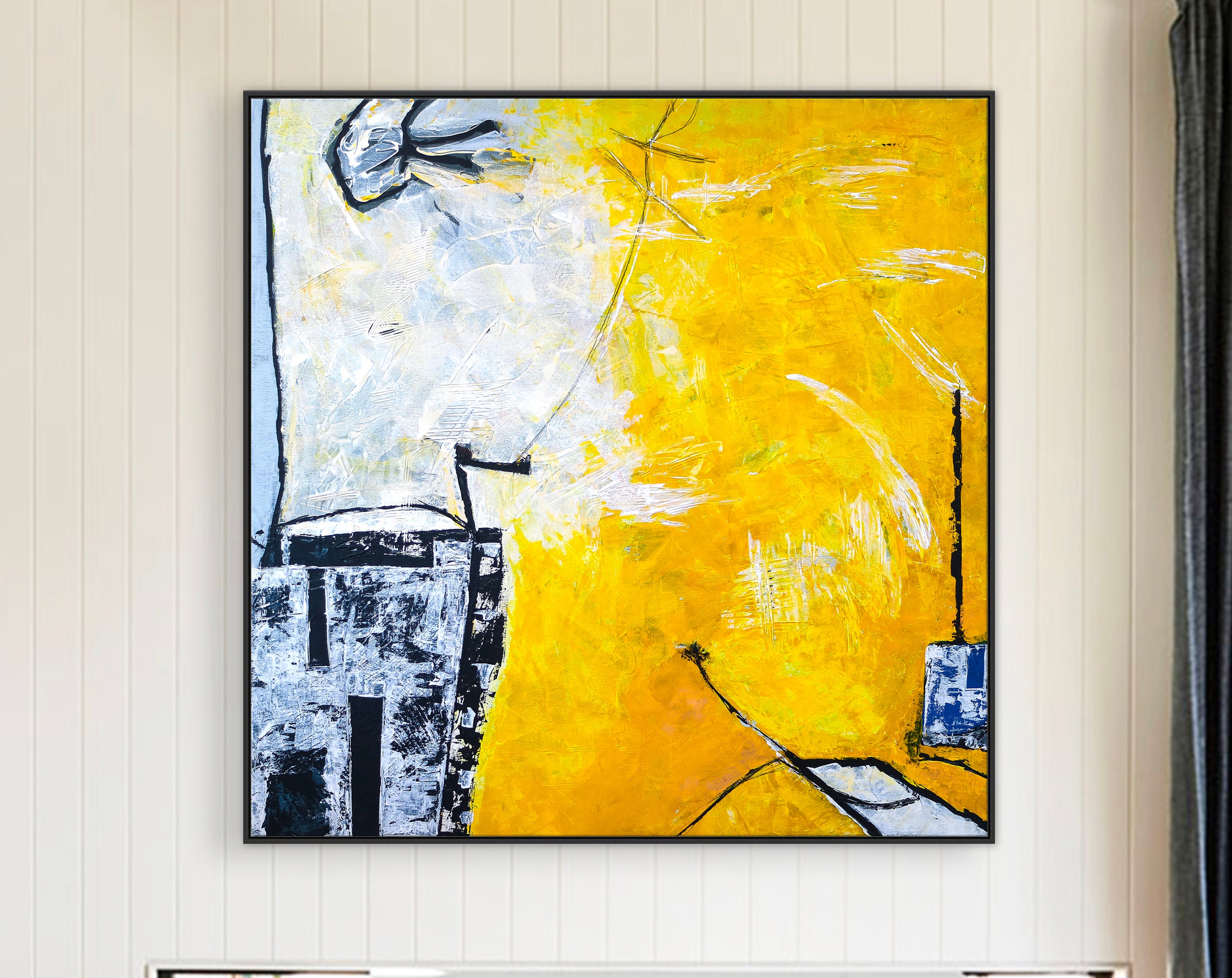 Yellow Original Dynamic Abstract Acrylic Painting, Modern Canvas Wall Art Infused with Sunlit Yellow ｜ Les iles
