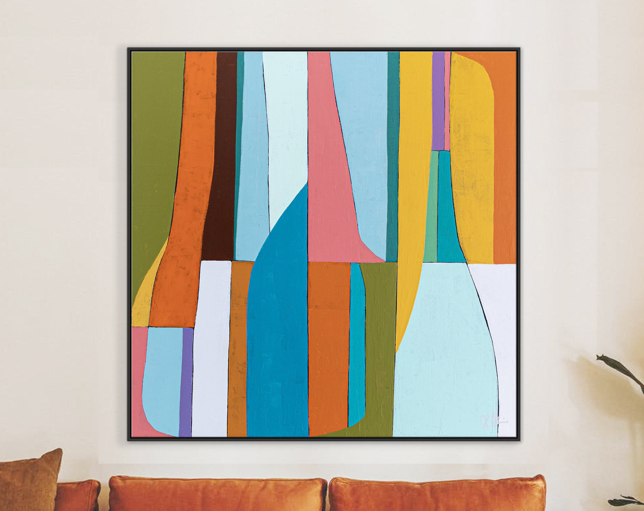 Large Original Geometric Abstract Acrylic Painting, Bright and Colorful Contemporary Modern Canvas Wall Art ｜ Mid-century lulu