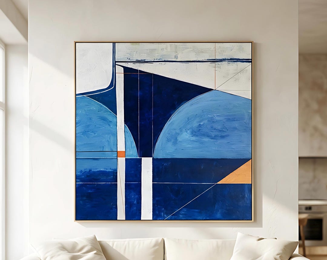 Abstract Wall Art Bold Blue Geometric Original Oil Painting, Textured ...