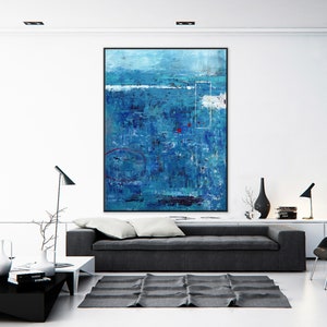 Blue Original Abstract Acrylic Painting in Rough Brush Strokes, Large Modern Canvas Wall Art Red dot transported image 4