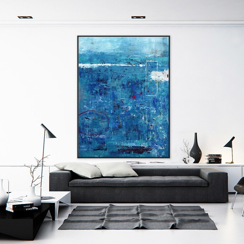Blue Original Abstract Acrylic Painting in Rough Brush Strokes, Large Modern Canvas Wall Art Red dot transported image 4