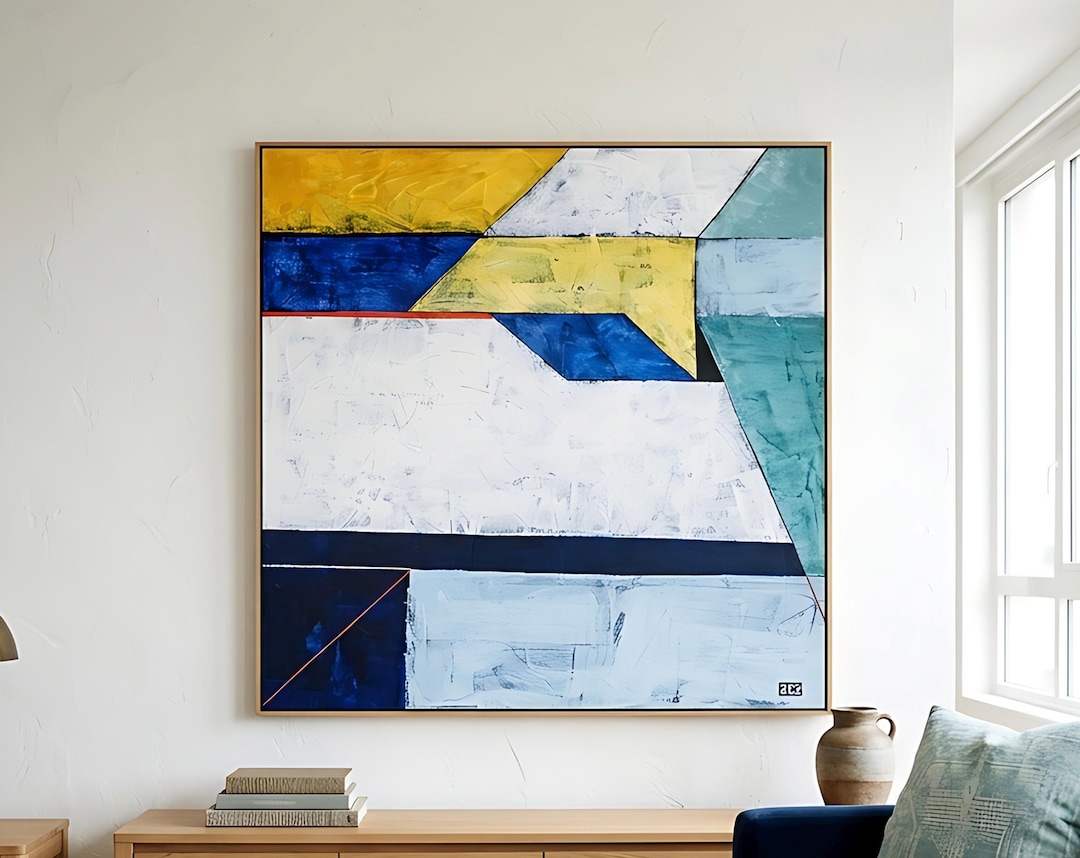 Bold Blue Geometric Abstract Wall Art — Modern Original Textured Oil ...