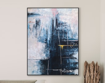 Origineel abstract blauw schilderij in acryl, grote moderne canvas muurkunst van bergsereniteit | Als je naar de berg gaat
