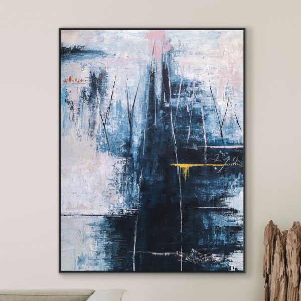 Original Abstract Blue Painting in Acrylic, Large Modern Canvas Wall Art of Mountain Serenity | If you go to the mountain