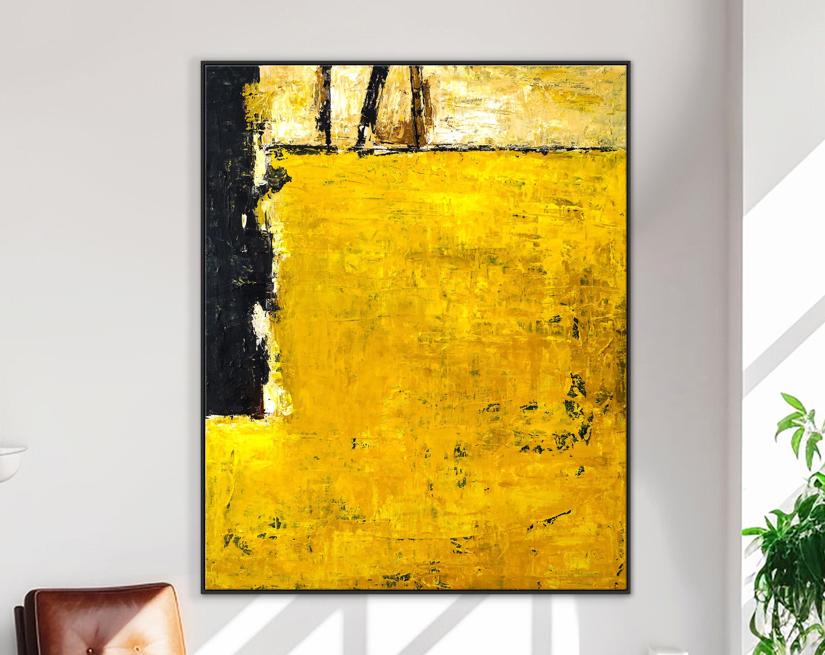 Vibrant Expressionist of Original Abstract Acrylic Painting, Yellow Modern Large Canvas Wall Art ｜ Field of yellow