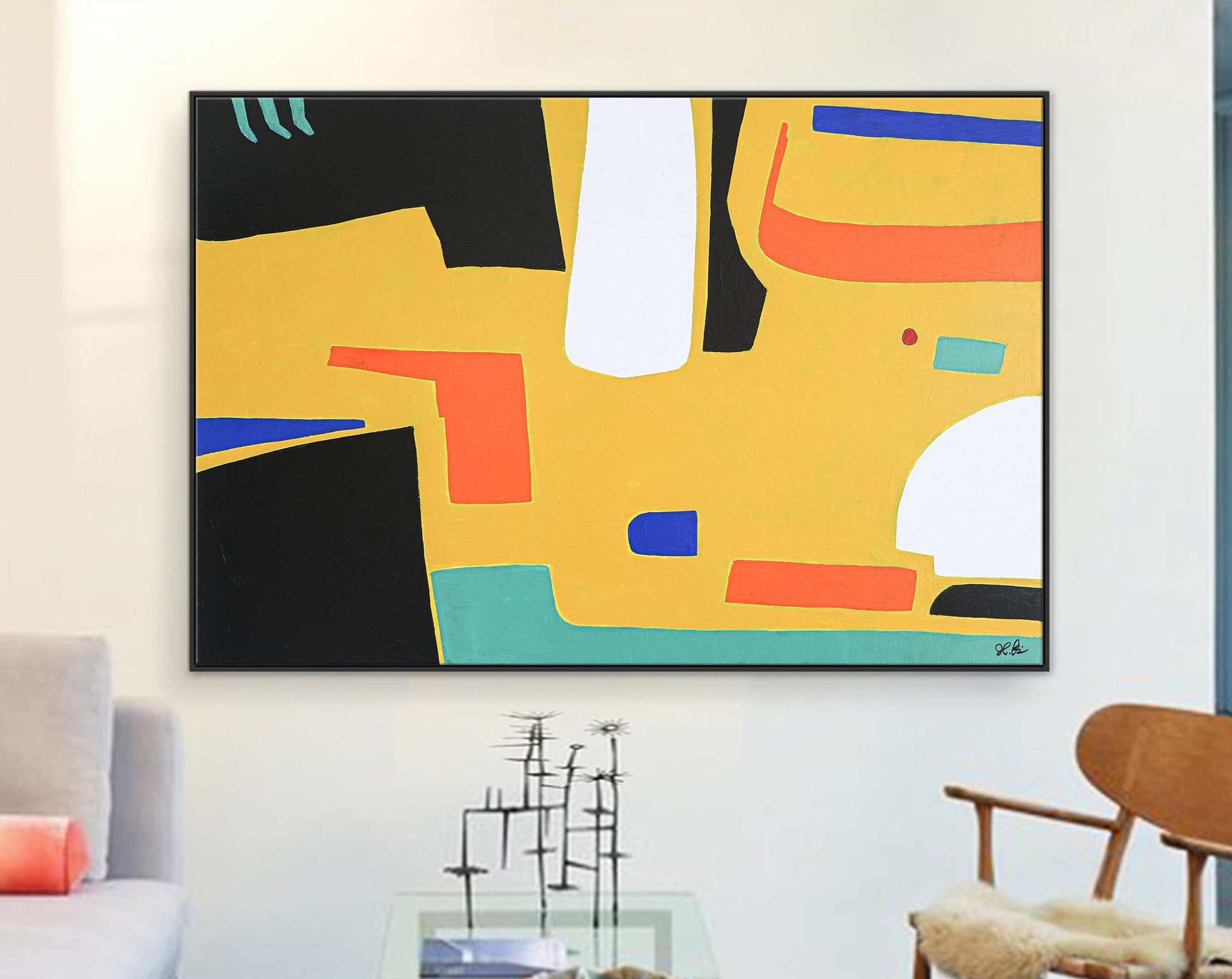 Playful Balanced Original Abstract Minimalist Painting, Yellow Modern Contemporary Canvas Wall Art ｜ Cogito II