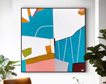Colorful Original Abstract Painting, Playful and Bright Modern Canvas Wall Art using Acrylic Paint, Oil Pastel | Ubalanse