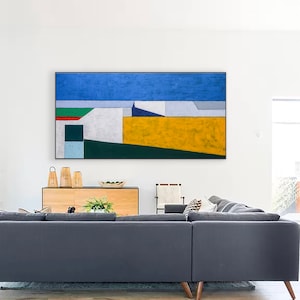 Minimalist Geometric Seascape Abstract Original Acrylic Painting, Large Contemporary Modern Canvas Wall Art My balcony image 4