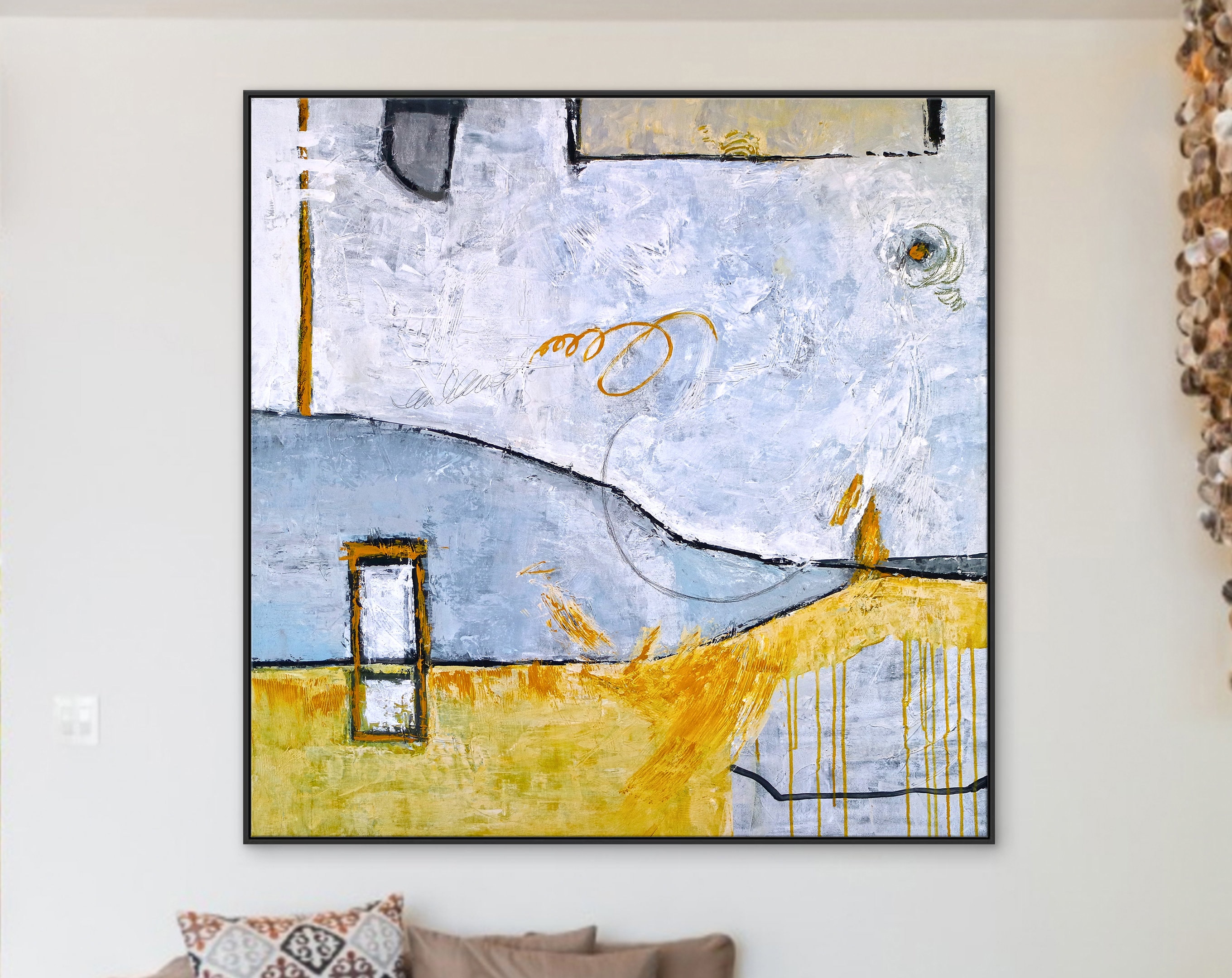 Surrealist Landscape Original Abstract Painting in Acrylic, Modern Large Artistry Wall Art ｜ Yellow telephone booth