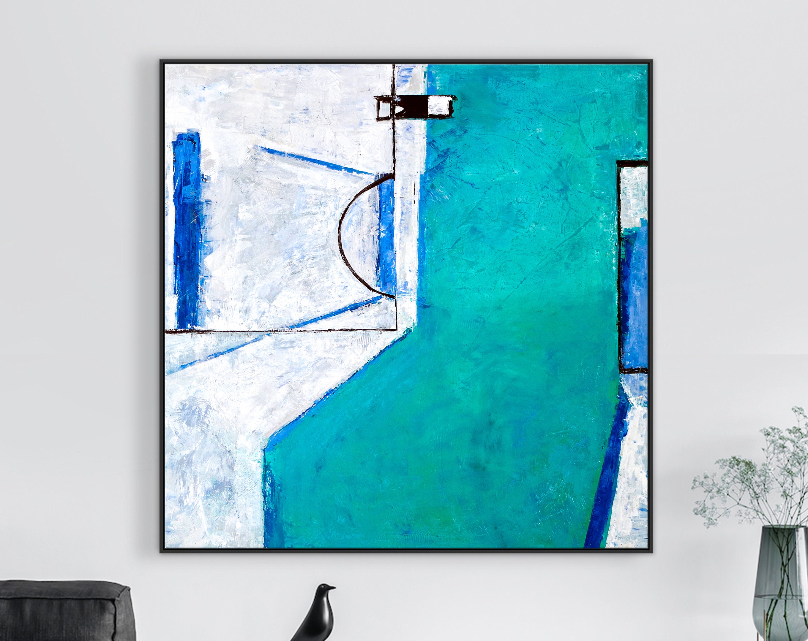 Geometric Original Abstract Acrylic Painting, Large of Contemporary Modern Canvas Wall Art in Turquoise ｜ Out there