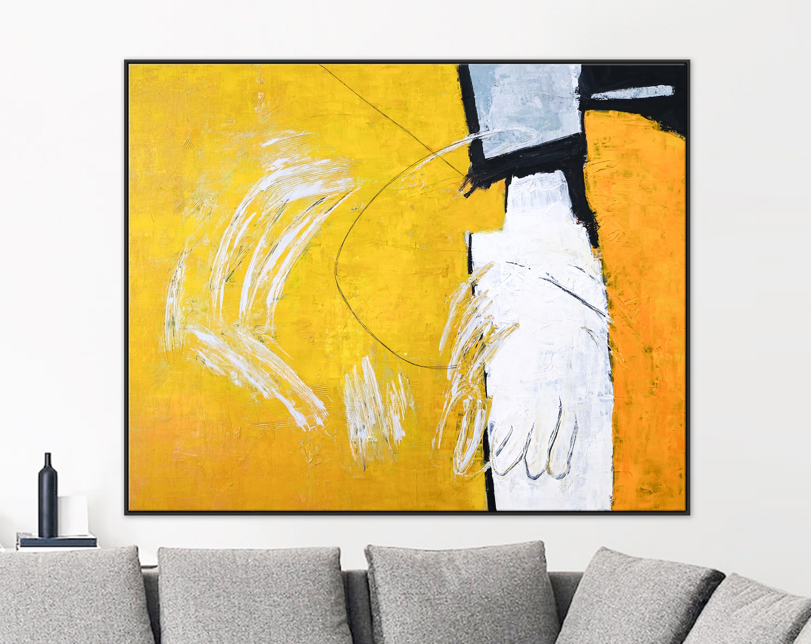 Radiance of Yellow in Original Abstract Acrylic Painting, Large Modern Cavas Wall Art Inviting Viewer Introspection ｜ Gelb