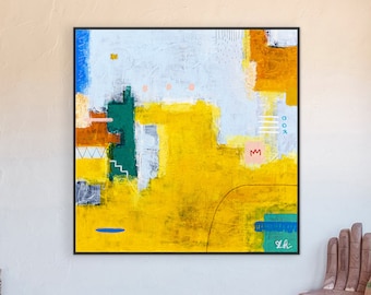 Modern Original Abstract Acrylic Painting, Playful with Bright Yellow Emphasis Canvas Wall Art | Belle