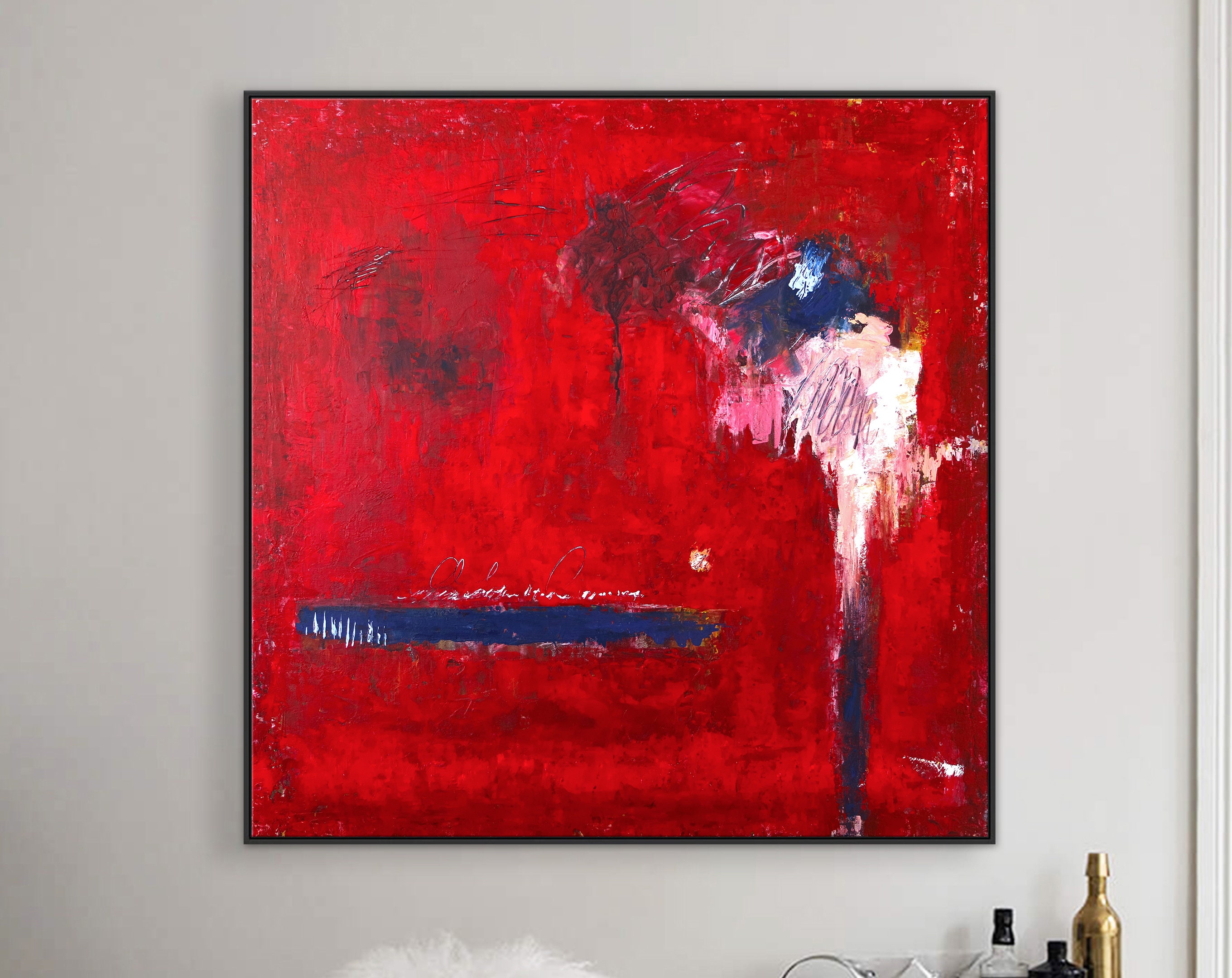 Fiery Red Modern Abstract Original Painting in Acrylic, Expressionist Large Canvas Wall Art ｜ Of the passion