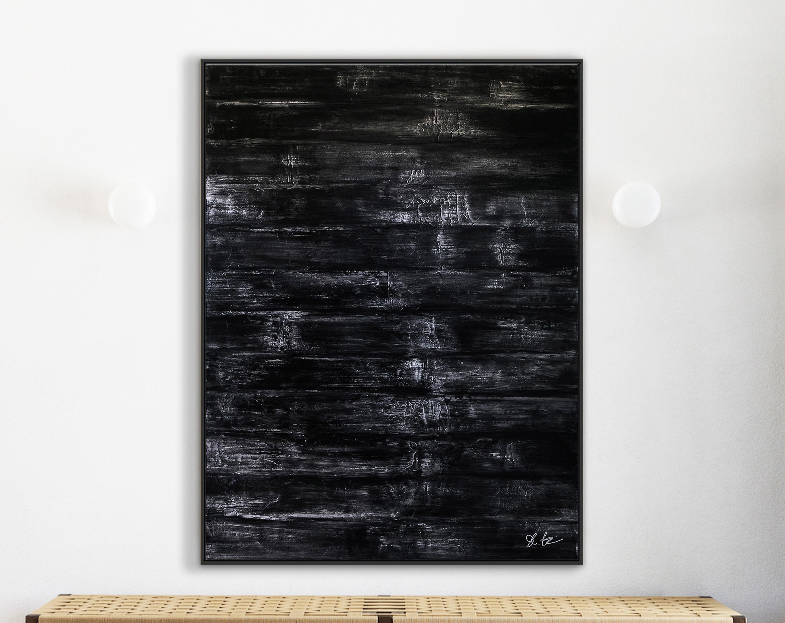 Modern Expressionism Large Abstract Original Painting, Black & White Acrylic Canvas Art in Monochromatic Minimalism ｜ Black Abstract I