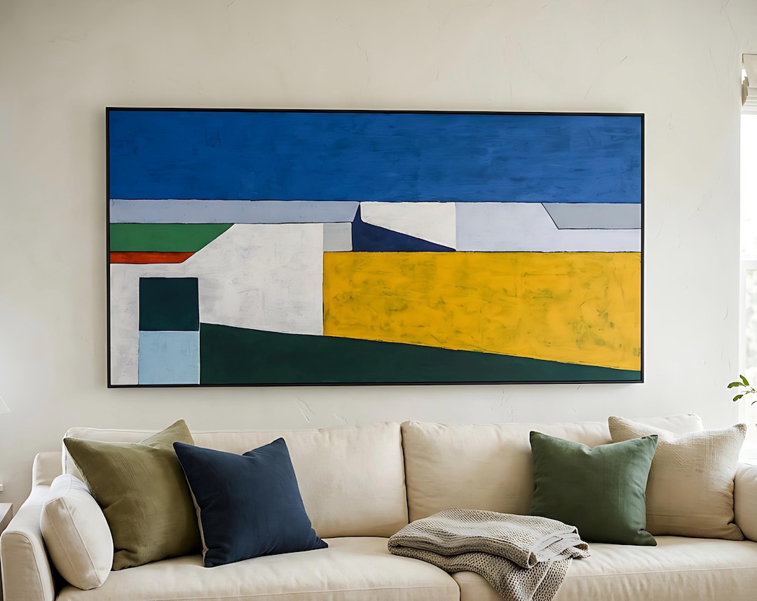 Blue Yellow Geometric Abstract Wall Art — Modern Original Oil Painting ...