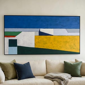 Blue Yellow Geometric Abstract Wall Art — Modern Original Oil Painting, Textured Canvas — "My balcony"