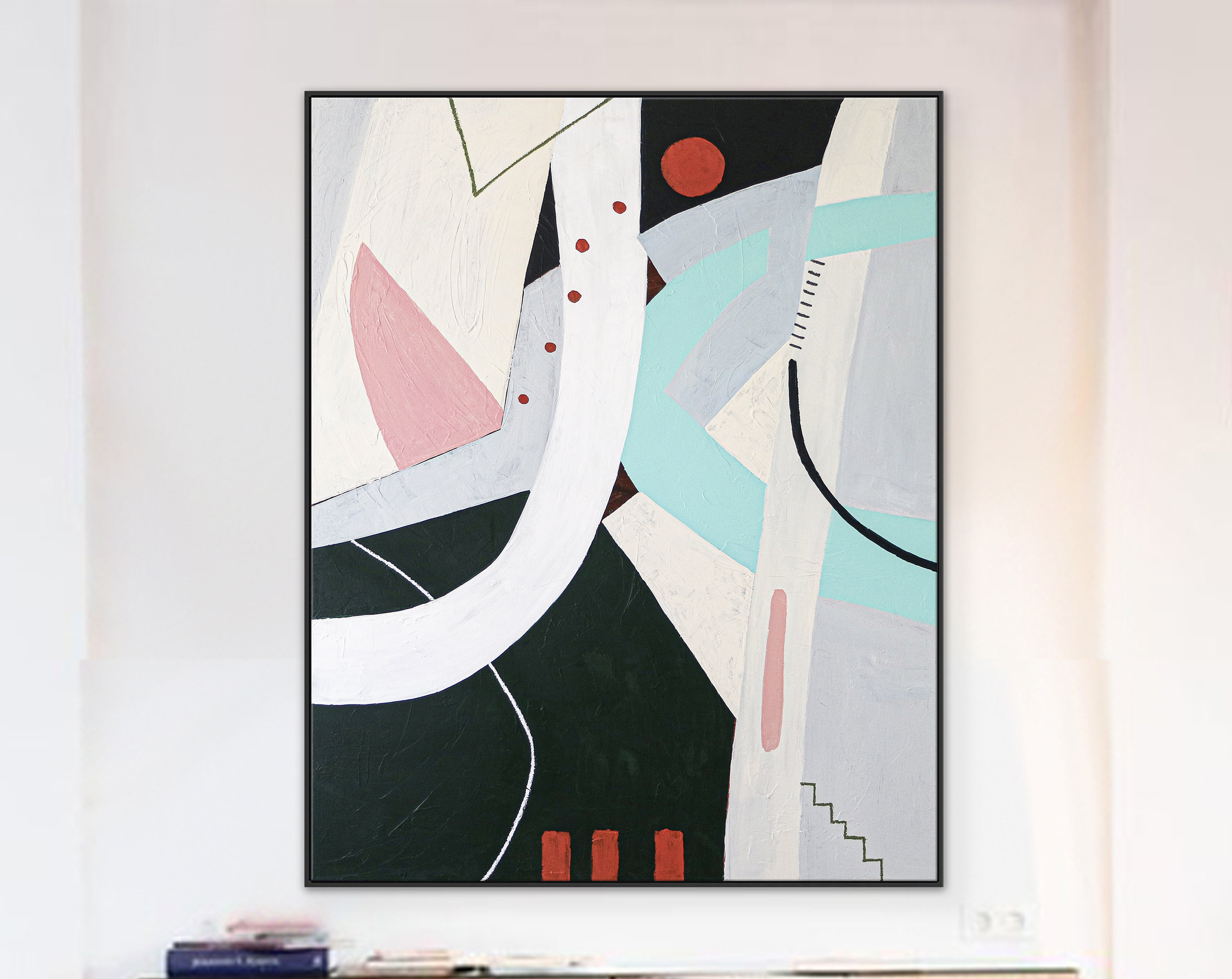 Whimsical Large Abstract Canvas Wall Art, Playful Contemporary Abstract Original Acrylic Painting ｜ A red circle's playhouse