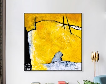 Vibrant Yellow Bold Abstract Wall Art — Modern Original Oil Painting, Textured Canvas — "Espoir"