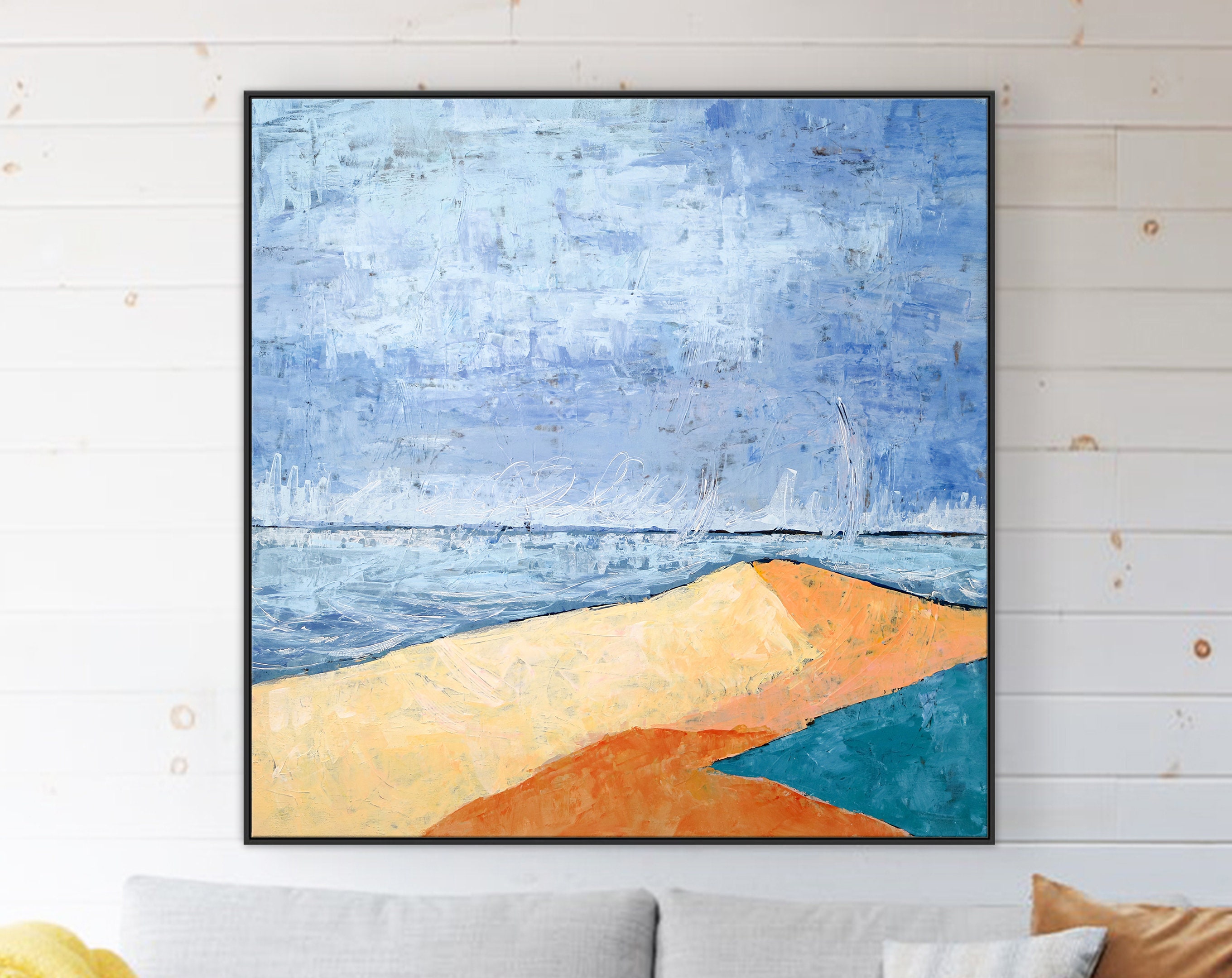 Minimalist Landscape Abstract Original Acrylic Painting, Large Modern Canvas Wall Art Capturing Coastal Terrain ｜ Beach