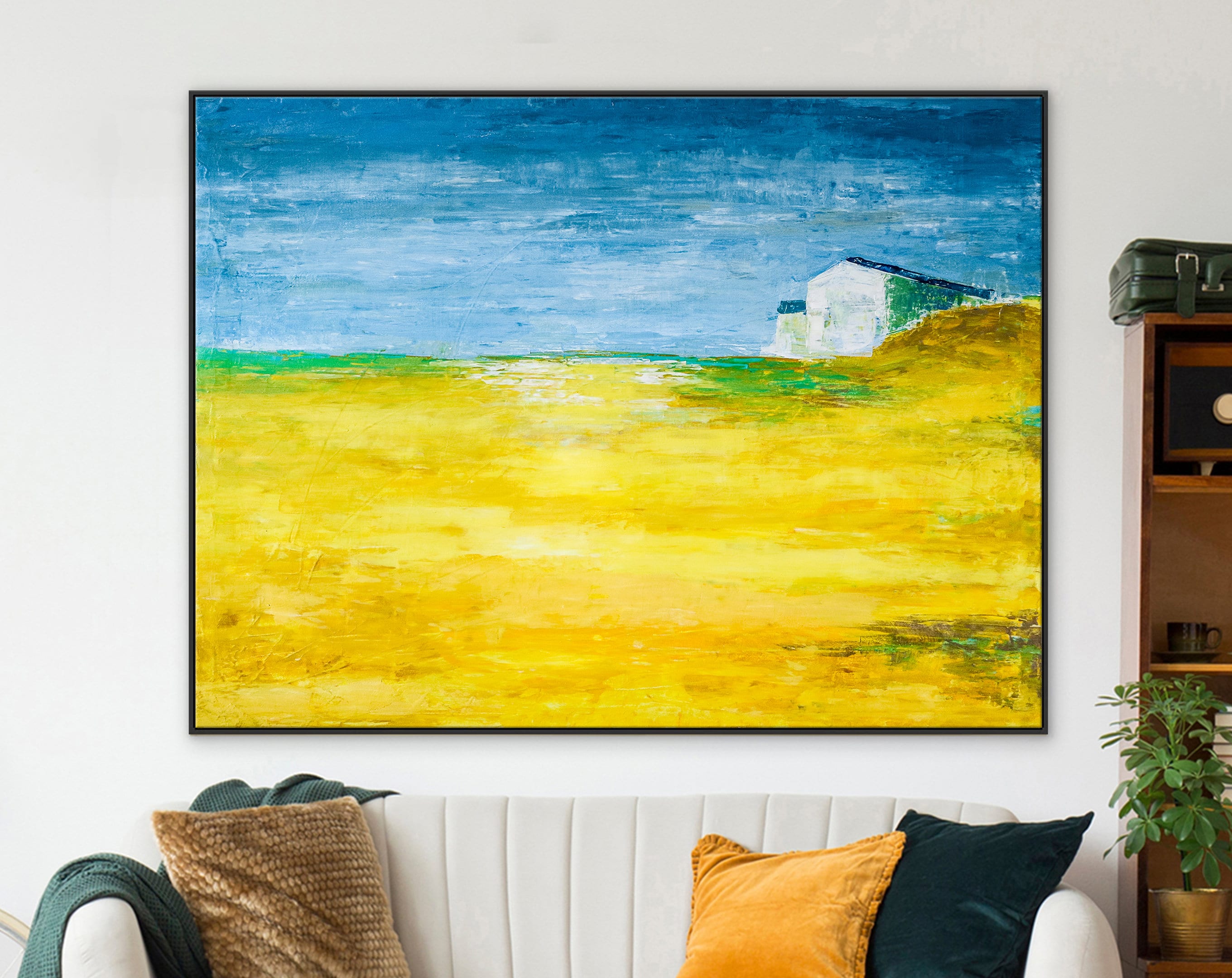 Landscape Original Fine Art Painting Reflecting Warm Memories of a Radiant Expanse, Canvas Wall Art ｜ Yellow Field