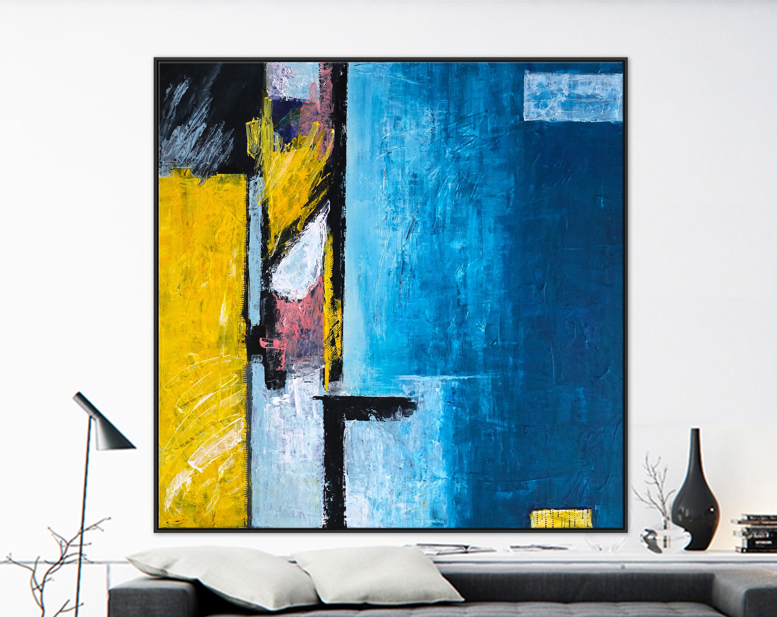 Large Modern Abstract Original Acrylic Painting Featuring Blue and Yellow, Canvas Wall Art for Peaceful Space ｜ Construction