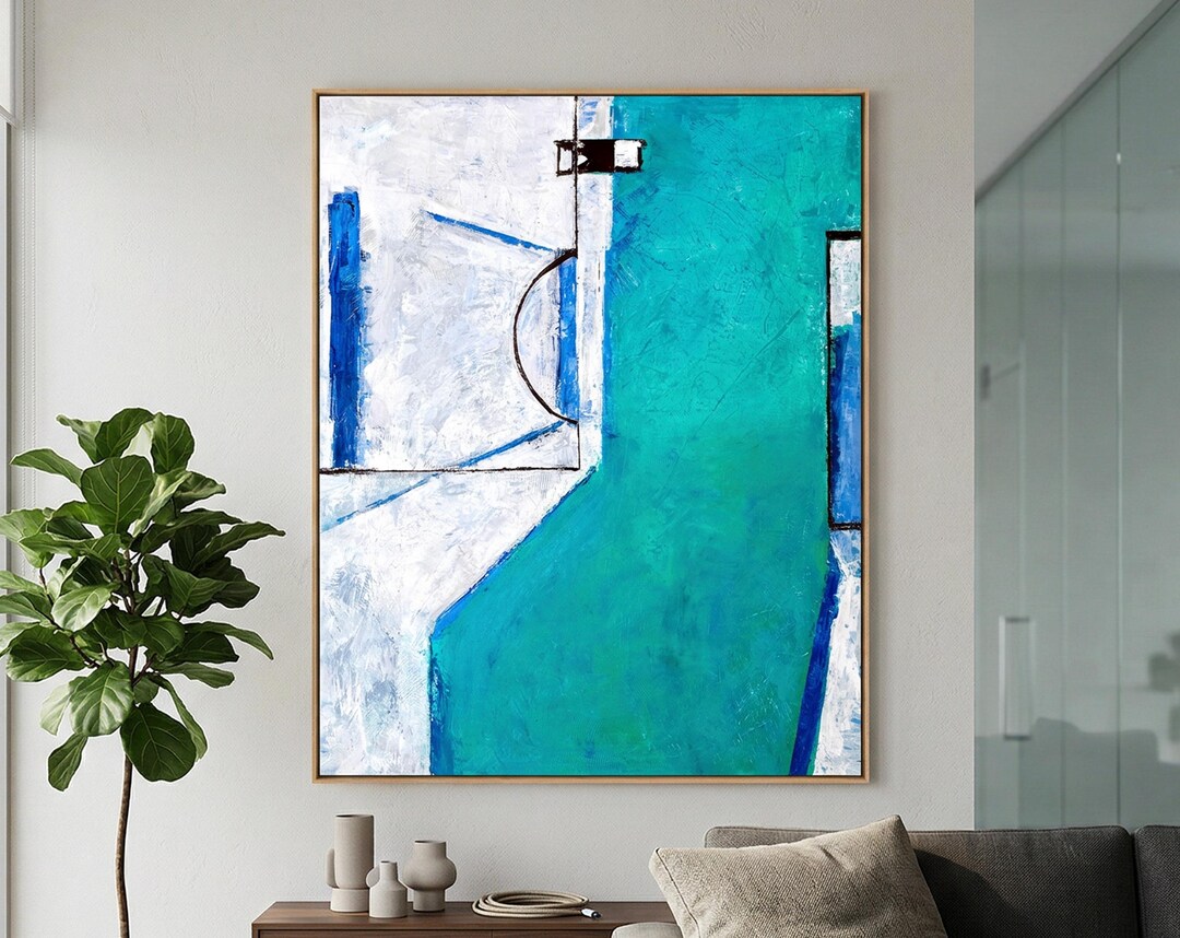 Teal Blue Bold Abstract Wall Art — Large Modern Original Oil Painting ...