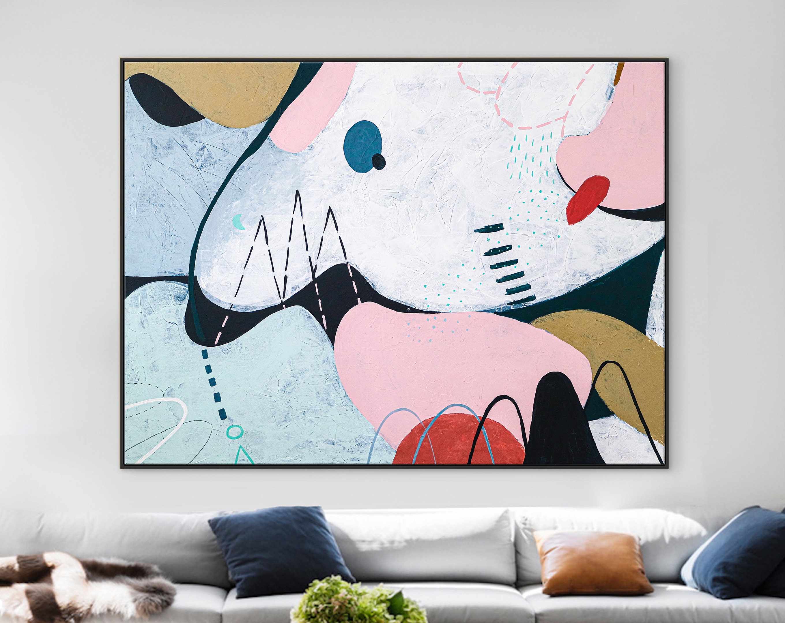 Playful Large Abstract Original Acrylic Painting, Canvas Wall Art Expression of Curved Lines Depicting Wind, Mountains & Rain ｜ Natura