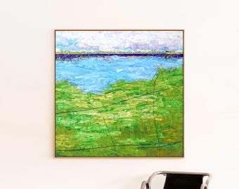 Arte mural abstracto moderno en tonos verdes serenos — Pintura al óleo original sobre lienzo texturizado — "Verde veraniego"