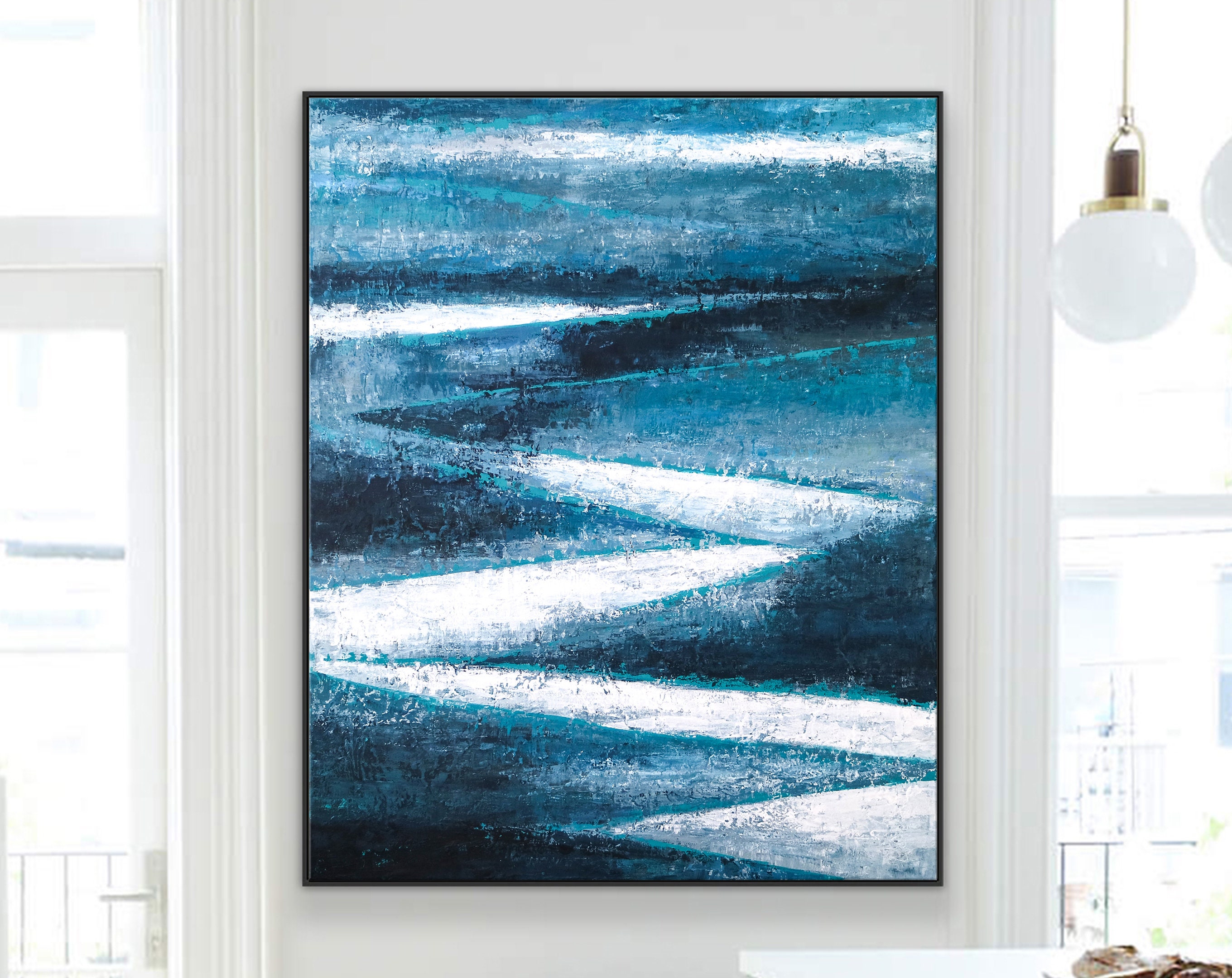 Original Abstract Acrylic Painting in Dark Blue Tones, Large Modern Expressionist Canvas Wall Art Journey ｜ Channel