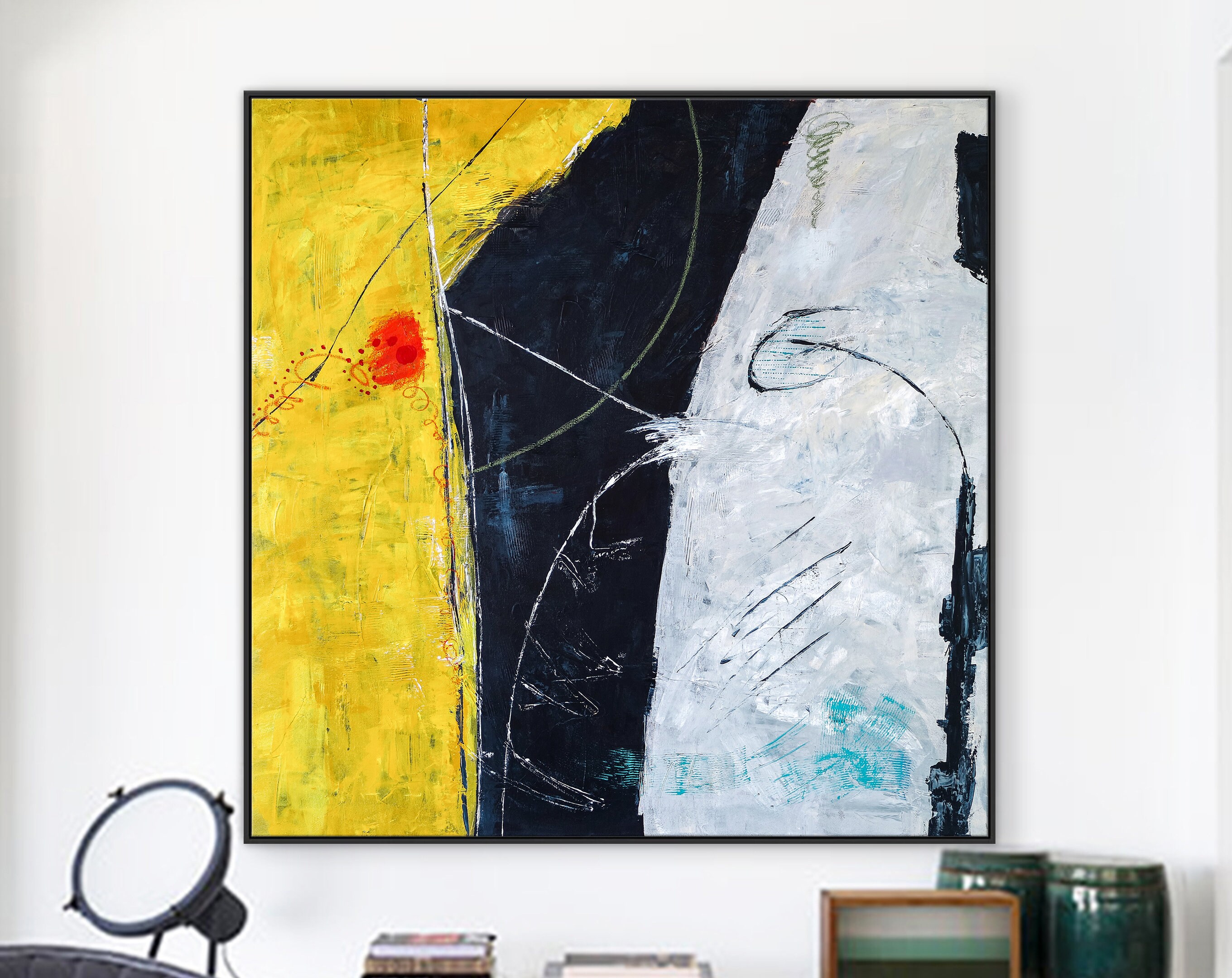 Bold Expression of Modern Abstract Original Painting in Acrylic, Large Canvas Wall Art in Yellow & Blue ｜ Connection II