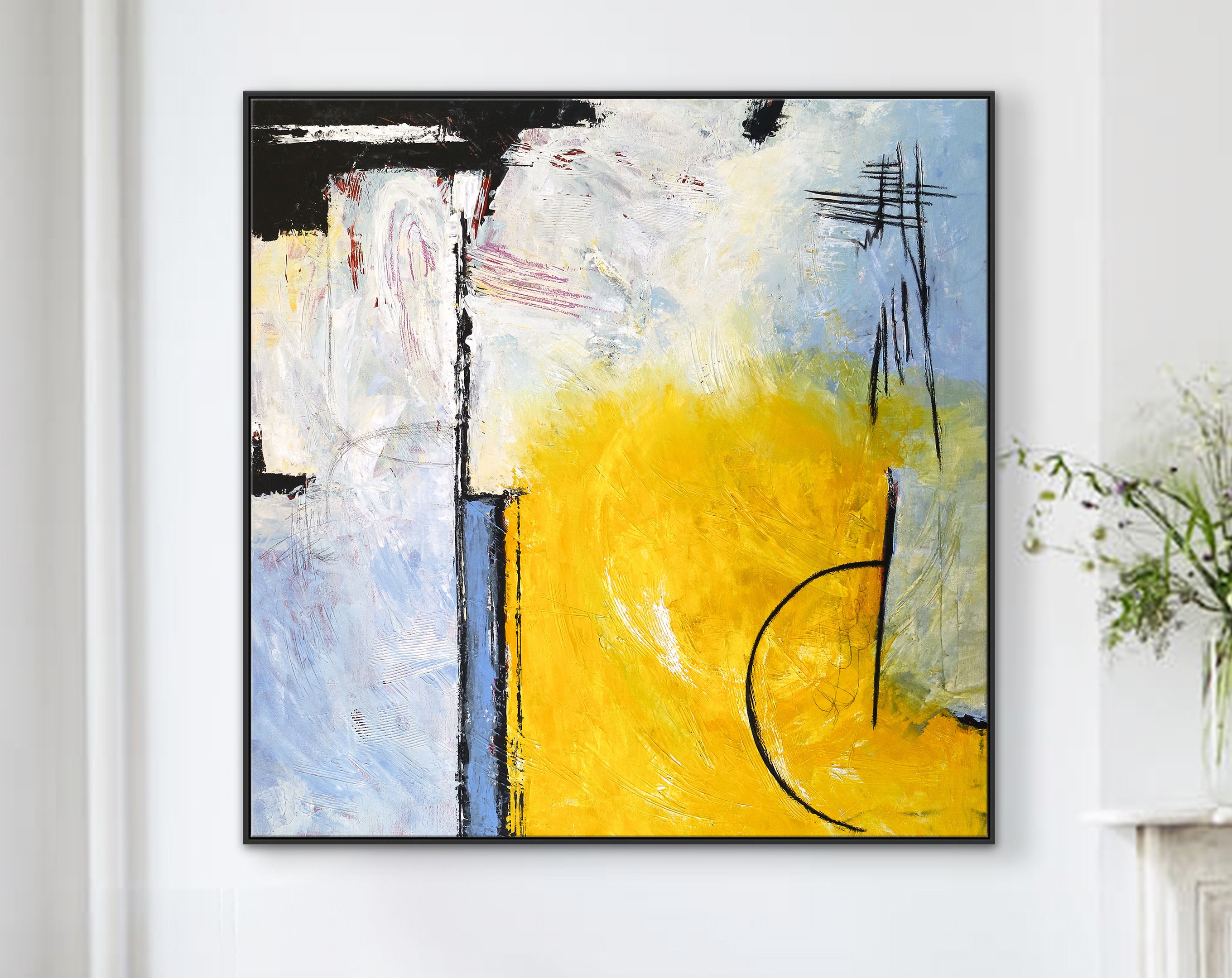 Euphoria through Modern Original Abstract Acrylic Painting, Large Canvas Wall Art of Yellow and Sky Blue ｜ Composition C
