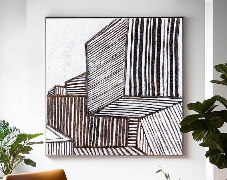Highlighted with Bold Lines Large Original Abstract Minimalism Painting, Black and White Modern Canvas Wall Art Es III image 1